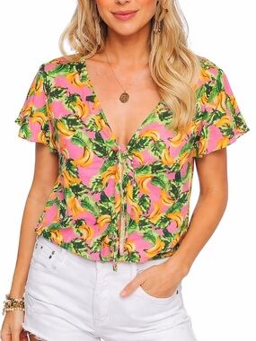BuddyLove Havana Banana Tropical Tie Front Top Pink Green Small